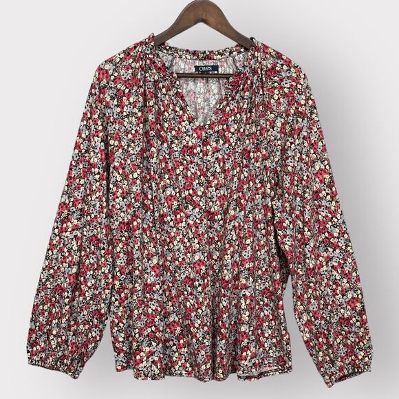 Chaps Blouse Women XXL Red Floral Long Sleeve Stretch Curved Hem‎ B25 - Picture 1 of 13